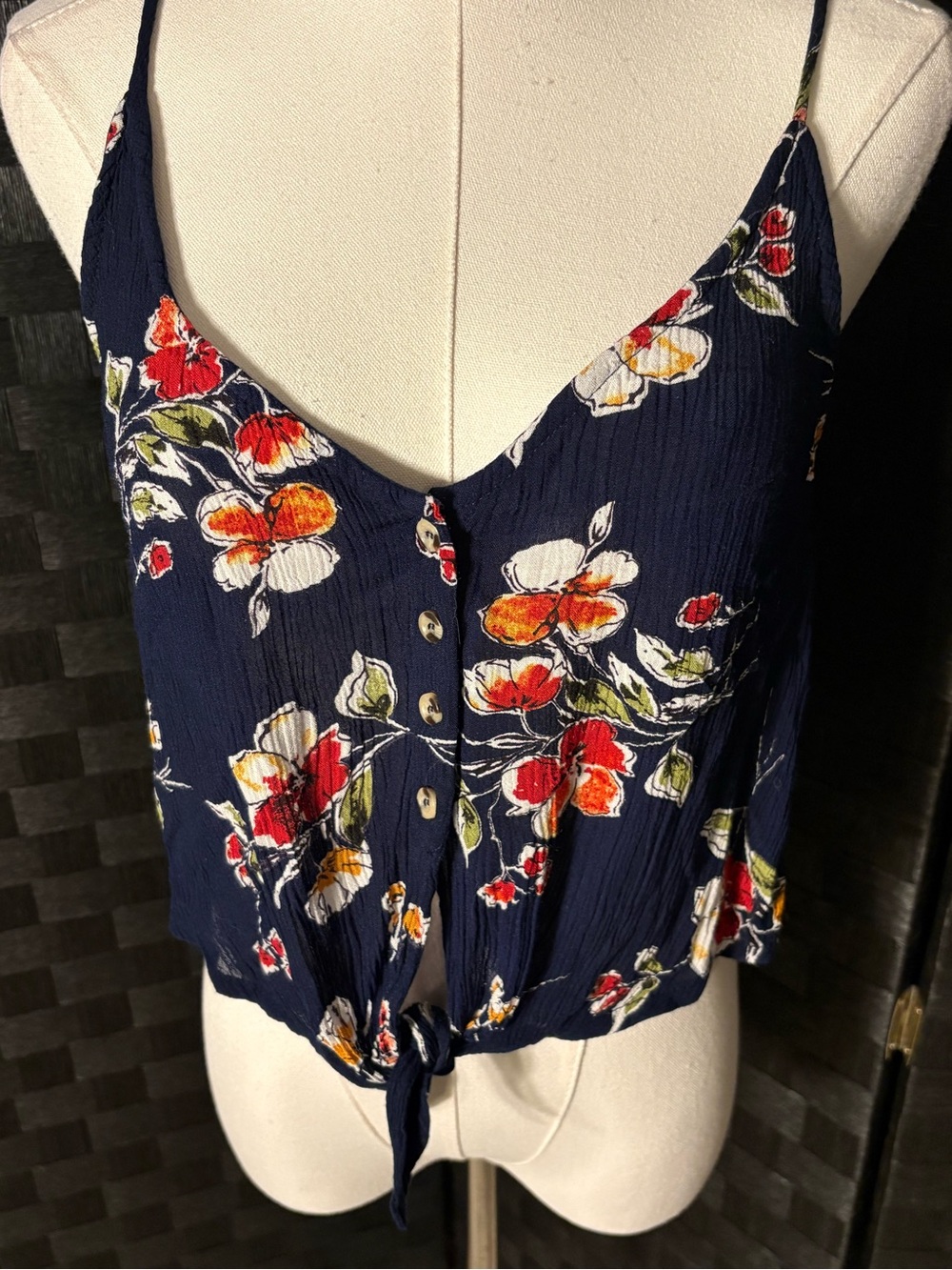Patrons of Peace Navy Blue Floral Crop Top Button Tie Front Boho V-Neck